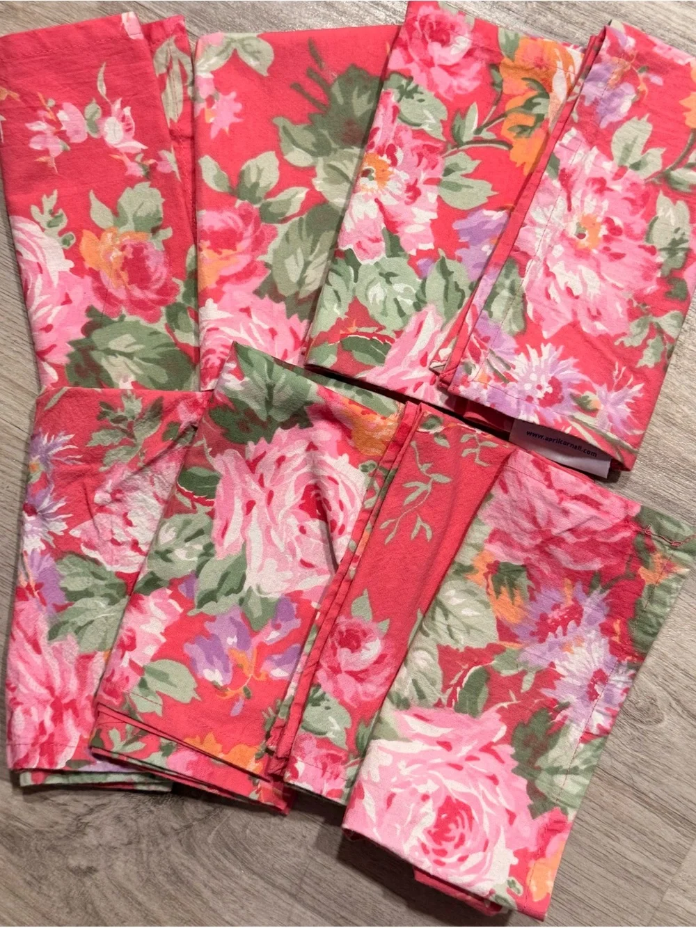 Set of 8 April Cornell Vibrant Pink Shabby Cabbage Roses Napkins
